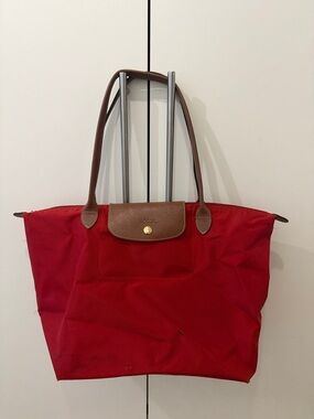 Longchamp Red Nylon Tote with Brown Leather Trim